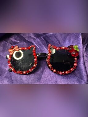 Red Crystal Cat-Eye Sunglasses with cherry charm.